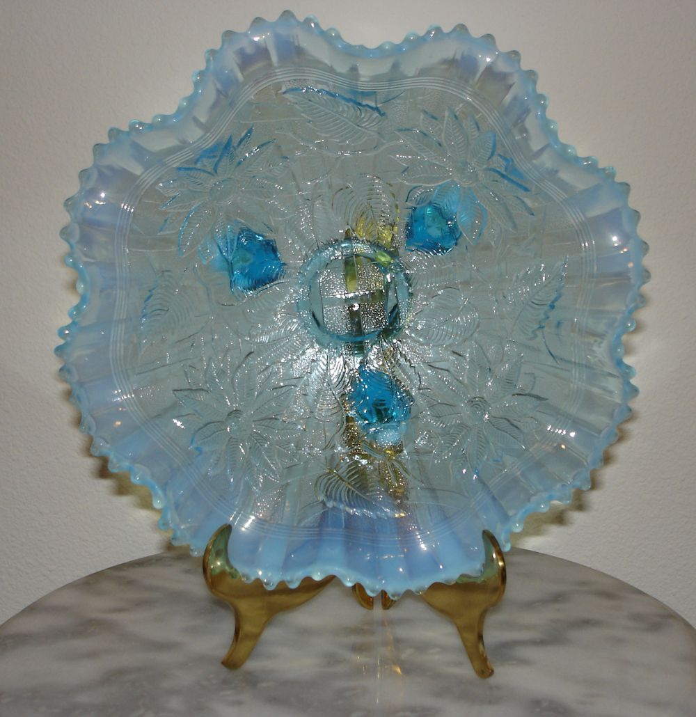 Northwood Poinsettia Lattice Blue Opalescent Footed Bowl