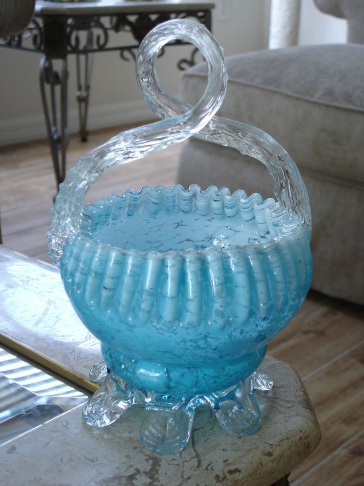 Antique Art Glass Handled Basket